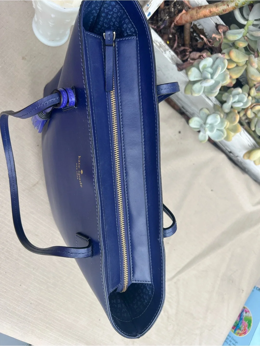 kate spade Navy Leather Tote with Tassel Accent